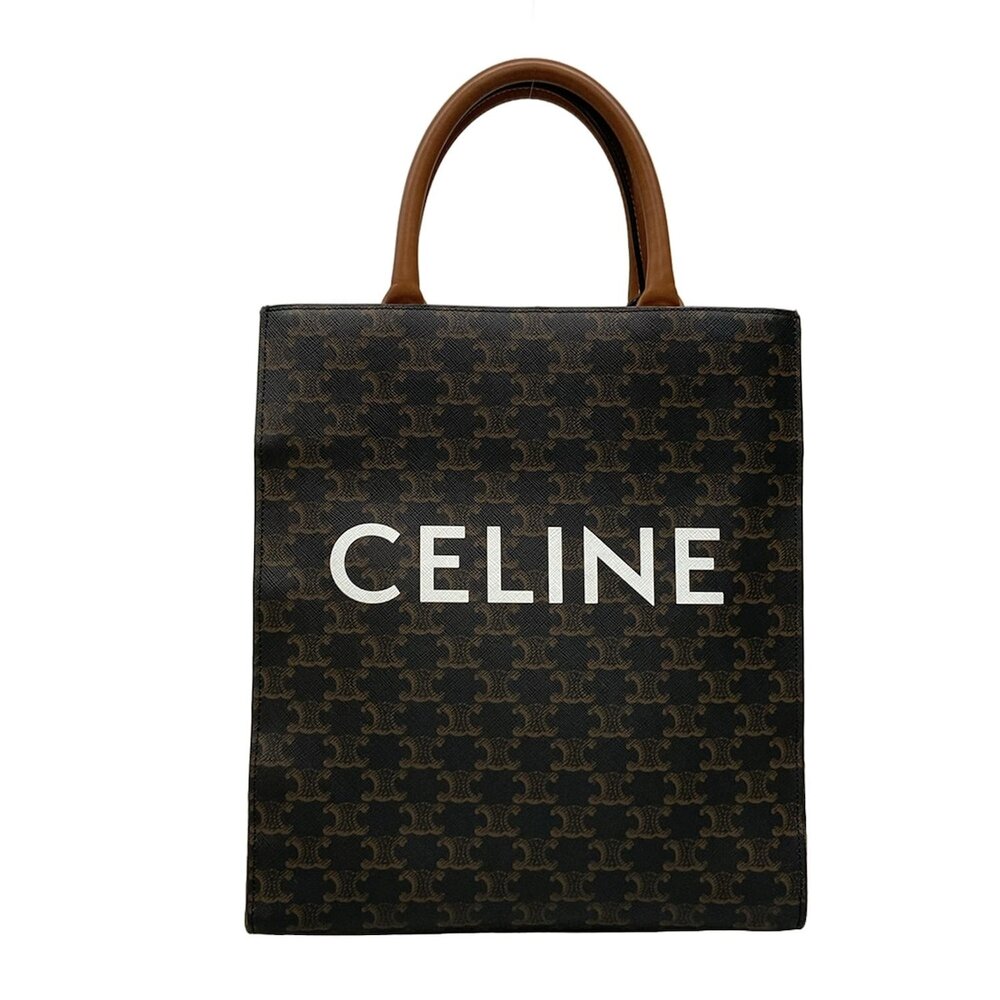 Celine Small Vertical Cabas Tote Bag Black Brown Triomphe Canvas Calf Skin - Picture 1 of 15
